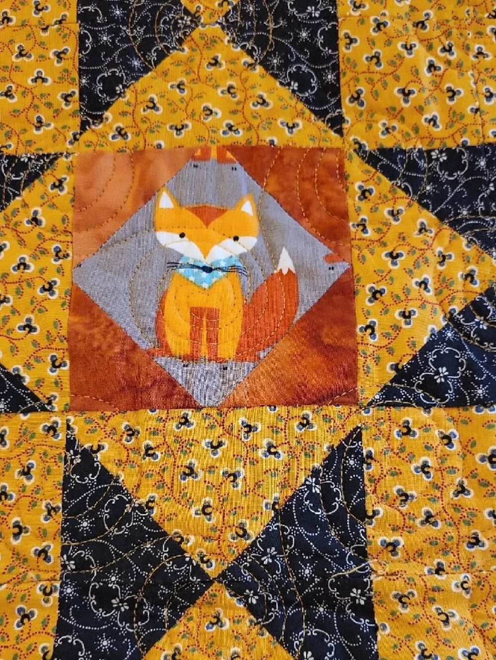 Handmade Fox Patchwork Quilt in Yellow and Orange